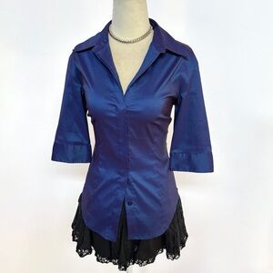 Vintage 1990’s Express Blue Iridescent Half Sleeve Button Down Top 3/4 S